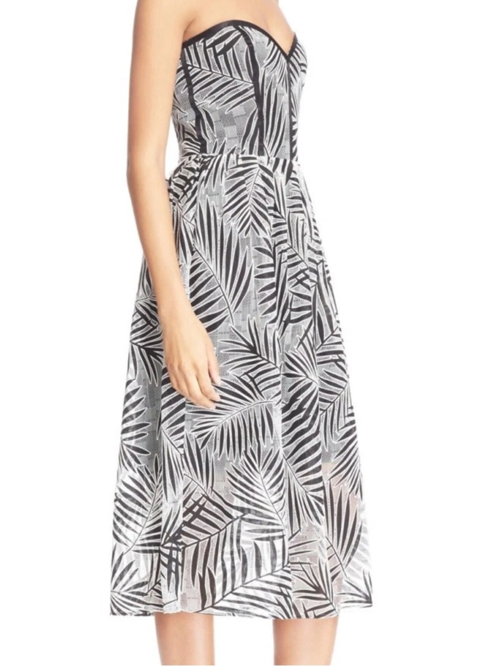 Parker Azalea Strapless Black White Palm Fit Flare Midi Dress XS